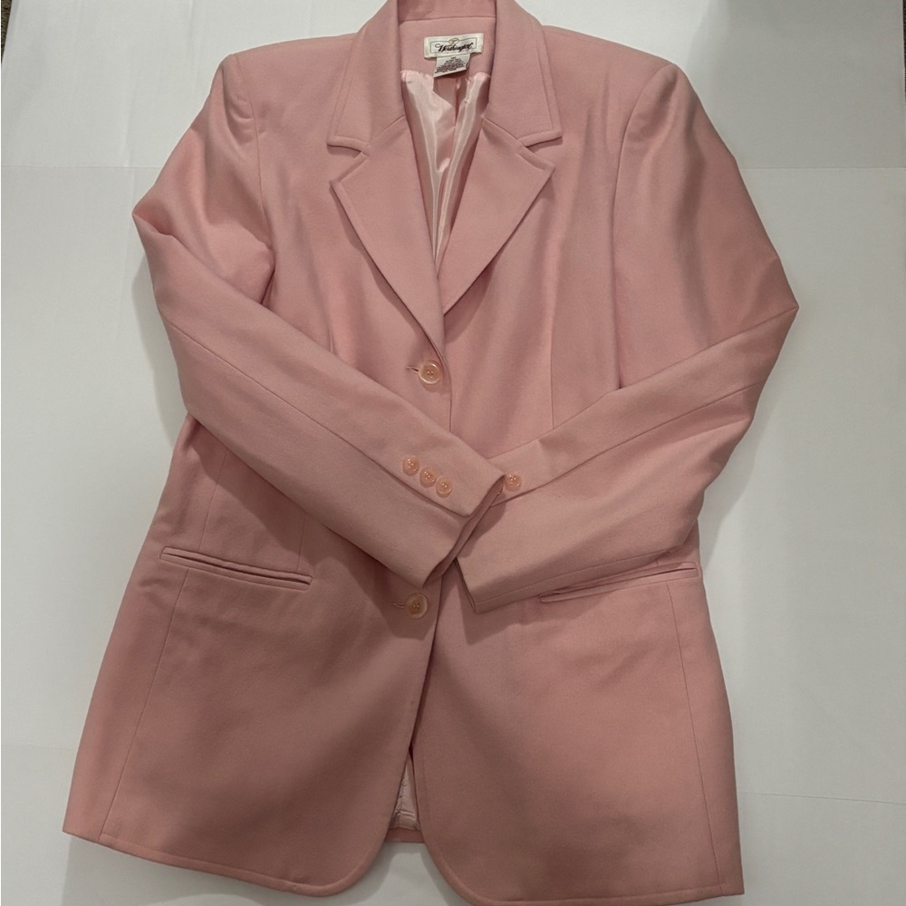 Women’s 14T 100% Wool Pink Blazer Worthington Fully Lined 3 Button Faux Pockets - Picture 4 of 9